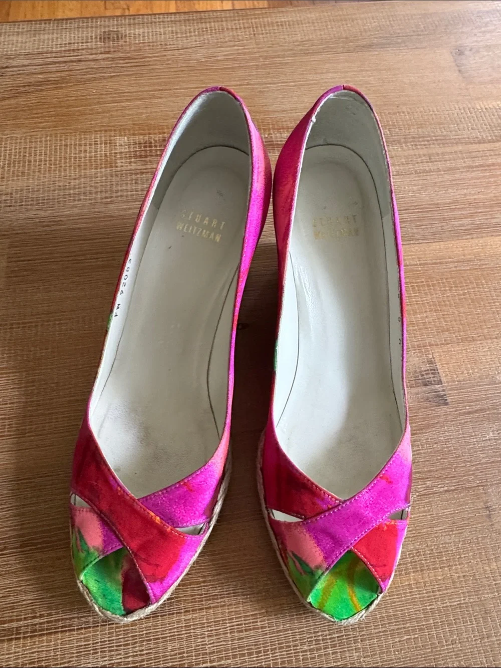 Stuart Weitzman Floral Satin Espadrille Wedge Peep Toe Pumps Shoes Women’s 8M
